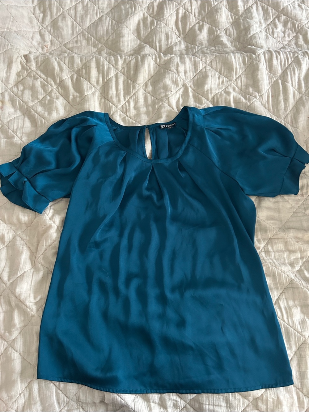 Express Teal Short-Sleeve Keyhole Blouse